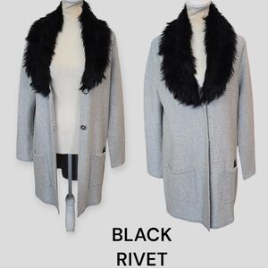 Black Rivet Womens Silver Metallic Faux Fur Collar Longsleeve Cardigan Small